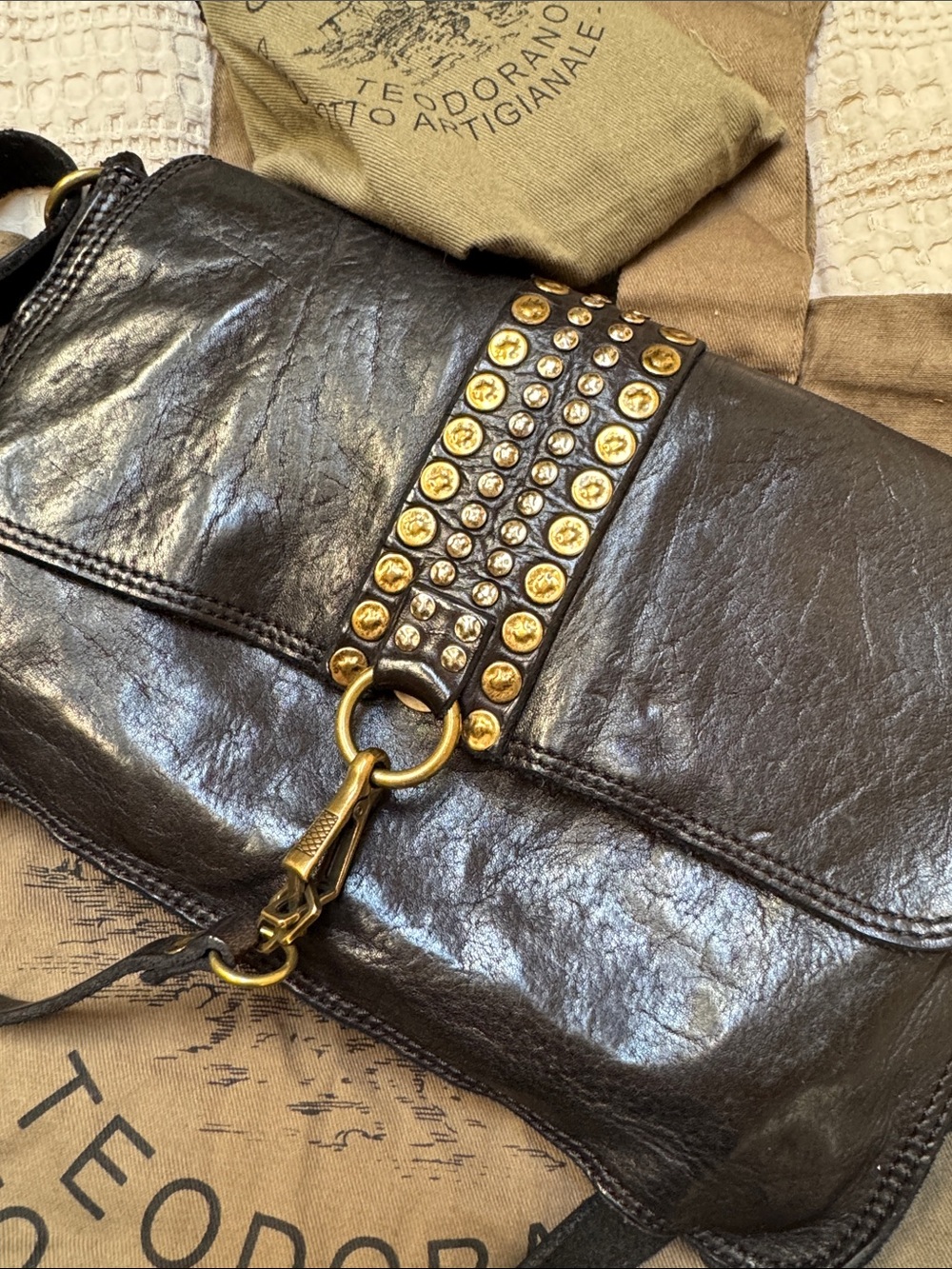 Campomaggi Black Leather Crossbody with Gold Stud Detailing - Picture 7 of 10